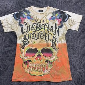 Christian Audigier Skull Panther Graphic T-Shirt Men's XL Gold Foil All Over